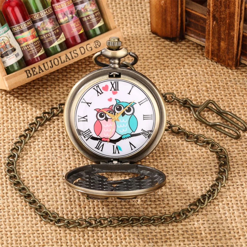 Holle Romantische Paar Uilen Brons/Goud Half Hunter Quartz Zakhorloge Fob Collier Hanger Pocket Klok Gift Mannen vrouwen