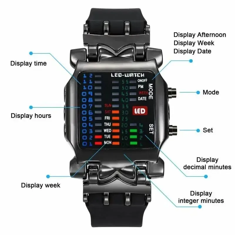 Binary Led Watch Creative Waterproof Business Electronic Watch Mens Trend Luminous Gift Sports Couple Date Time Display Watch