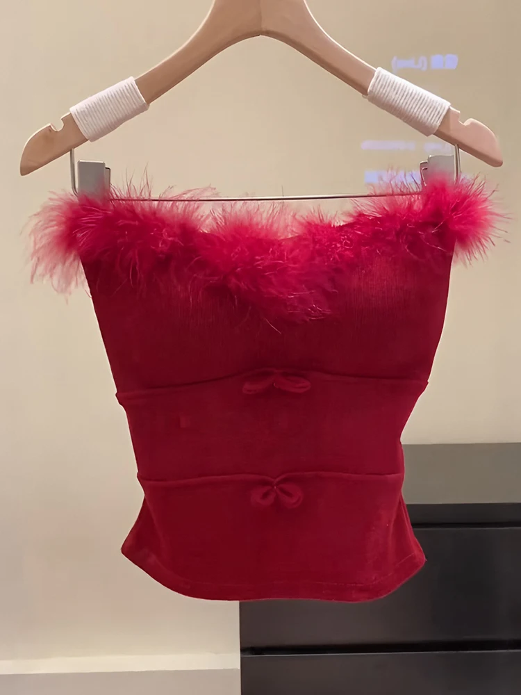 

Красный топ-бюстье с меховой отделкой Cisas, женский облегающий жилет без рукавов, весенний фестиваль, парная одежда, модный сексуальный чистый цвет