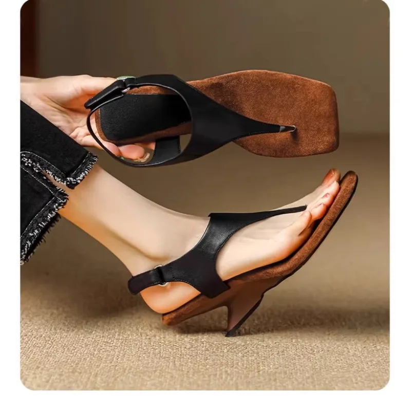 Toe Sandals Women's 2024 New Summer Outer Wear Cowhide Slope-heeled High-heeled Roman Shoes Design Niche Womens Shoes