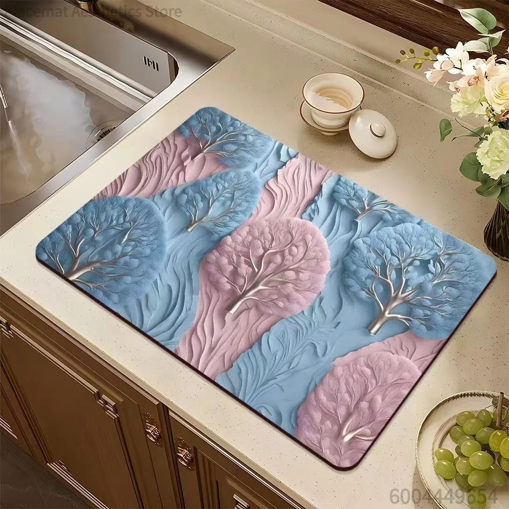 Art Rose & Tree Print Super Absorbent Drying Mat Waterproof Kitchen Counter Coffee Maker Drain Pad Decor Placemat