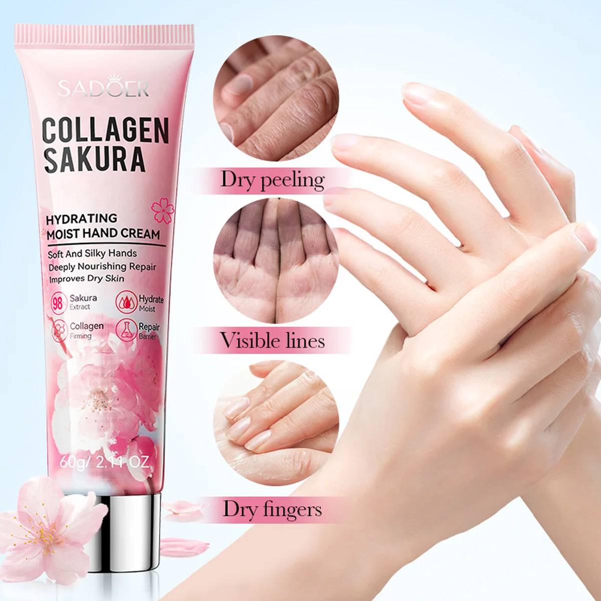 Crema hidratante de manos suave con flor de cerezo de colágeno para otoño e invierno, crema hidratante portátil para piel seca