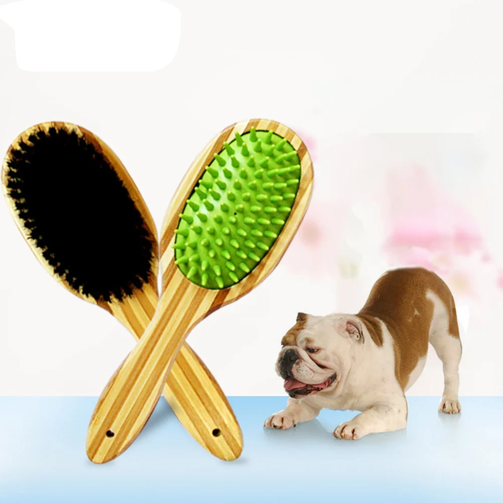 

Dog Grooming Brush Double Sided Pet Bath Brush Silicone Bristle Comb For Hair Removal Massage Bamboo Handle
