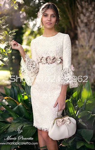 Ivory Champagne Short Prom Birthday Dresses 3/4 Long Sleeve Lace Floral Scoop Mini Evening Cocktail Gown Gala jurken