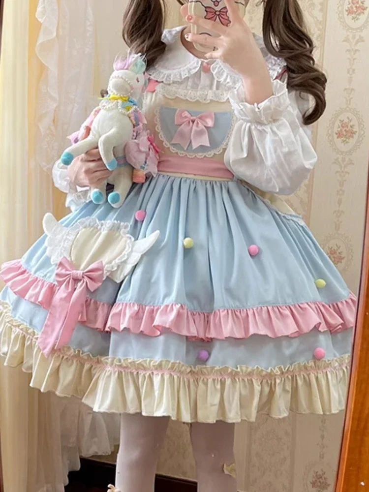 Kawaii princesa doce lolita a linha babados vestido cor contrastante arco manga cheia renda feminino querida vestidos jsk