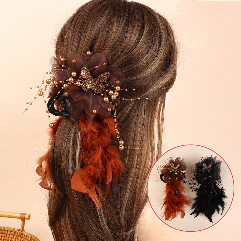 Mode Elegante Schmetterling Feder Perlen Quaste Clip Koreanische Fee Haar Klaue Shark Clip Frauen Temperament Haar Zubehör – Detail 2