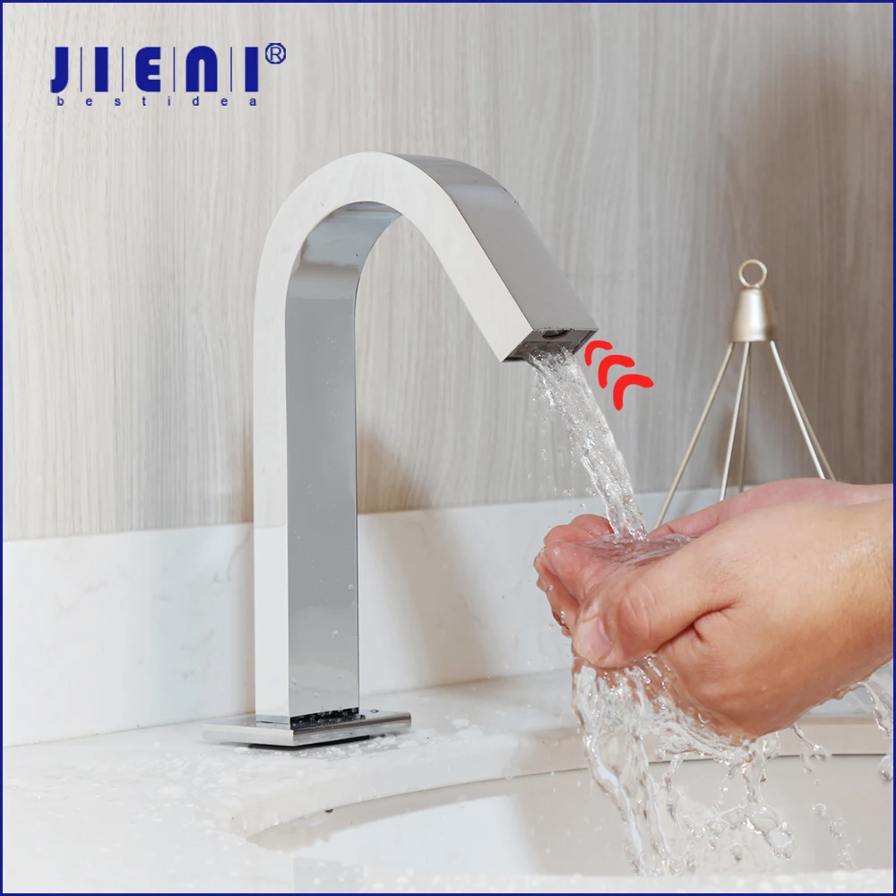 JIENI Chrome Polish Bathroom Automatic Touch Free Sensor Faucet BlackWater Saving Inductive Electric Power Water Brass Mixer Tap