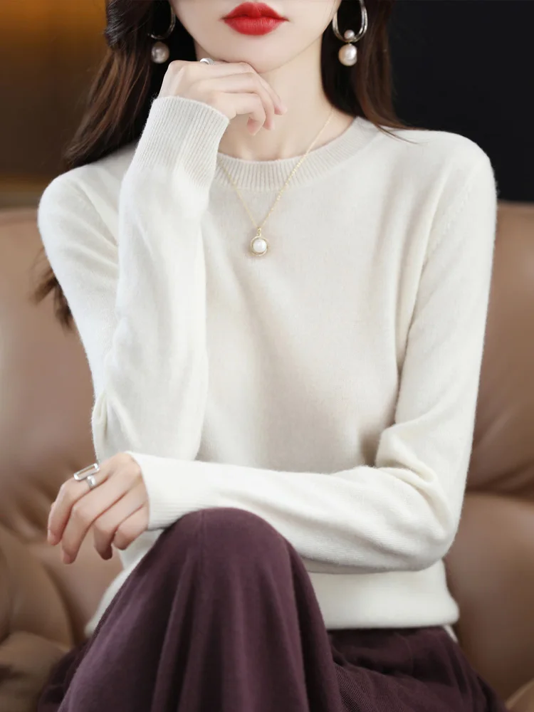 Fashion 100% Merino Wool Women\'s Sweater O-Neck Long Sleeve Pullover Spring Autumn Winter Basic Jumper Clothing Knitwear Tops