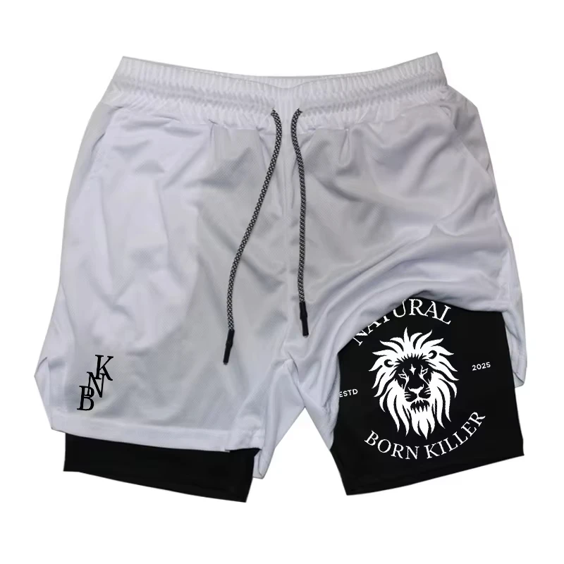 American Trendy Brand Lion Print 2-in-1 Men's Running Shorts Sports Quick-drying Gym Exercise Fitness Summer Casual