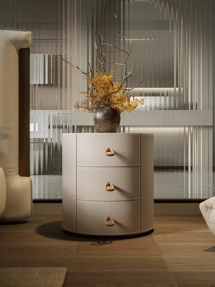 Italian Minimalist Round Saddle Leather Bedside   High End Sideboard For New Bedroom Master Bedroom Small Apartment