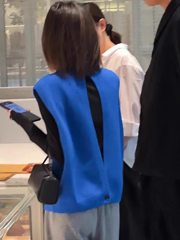 

Blue Knitted Sweater Vest Women's plus Size Autumn Winter New Sle Design Sense Fce round Ne Color Top