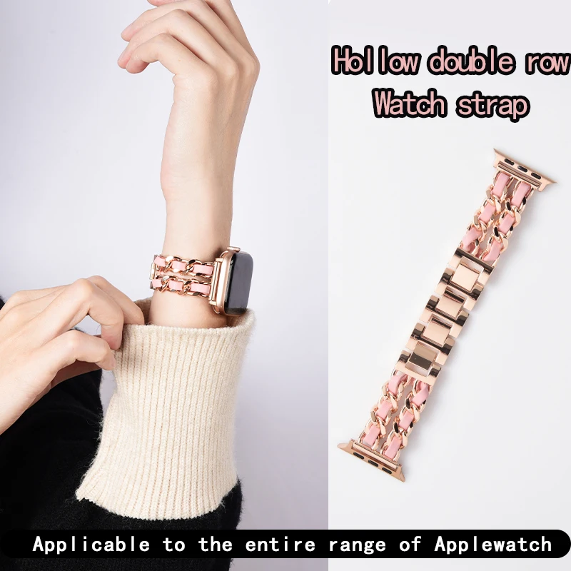 Double Row Metal Denim Chain Gold Wristband for Apple Watch Band 38 40 41 42 44 45 49 mm Strap Lady Metal Leather Bracelet