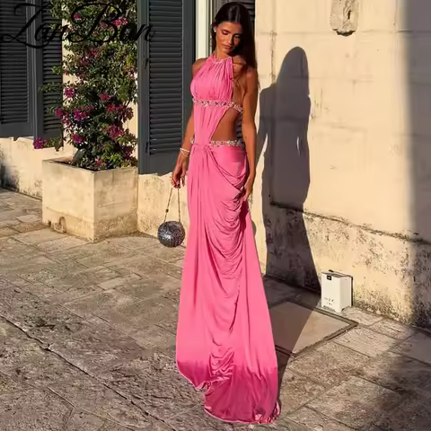 ZanBan Elegant Pink Halter Neck Mermaid Evening Gown midriff Pleat Floor‑Length فساتين سهرة Sleeveless Party Dress