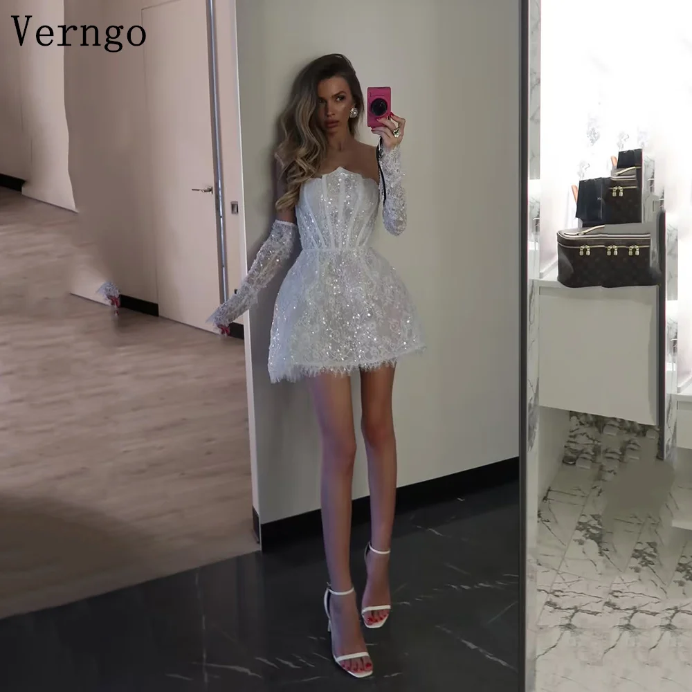 

Verngo Sexy Lace Mini Evening Dress Strapless A Line Bone Prom Gowns Short Shiny Celebrity Party Dresses Customized