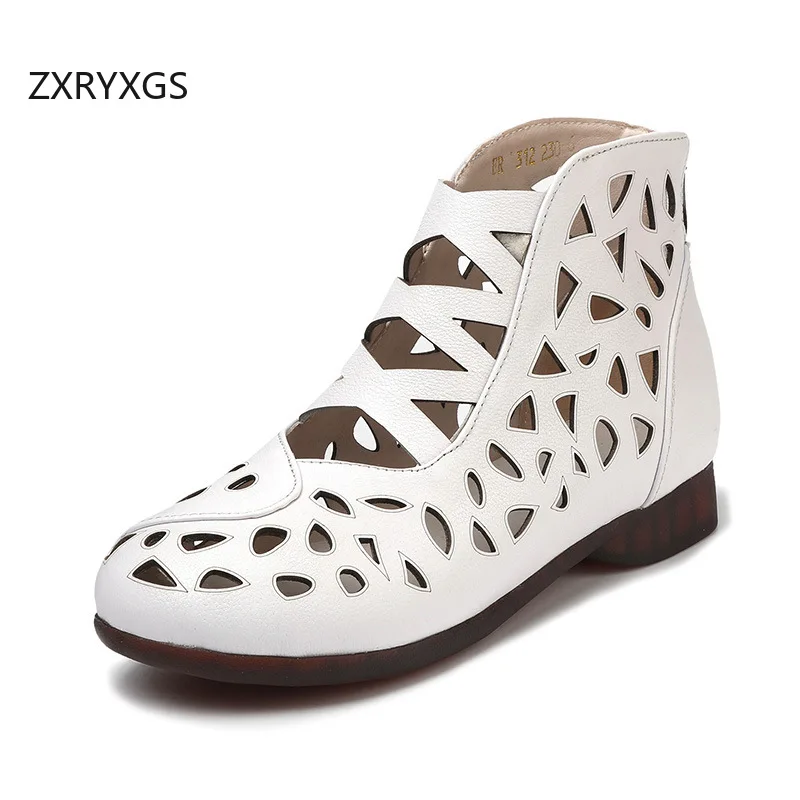 

ZXRYXGS Cowhide Hollow Hole Shoes Fashionable Sandals Cool Boots 2025 New Summer Large Size Sandals Women Soft Sole Flat Sandals