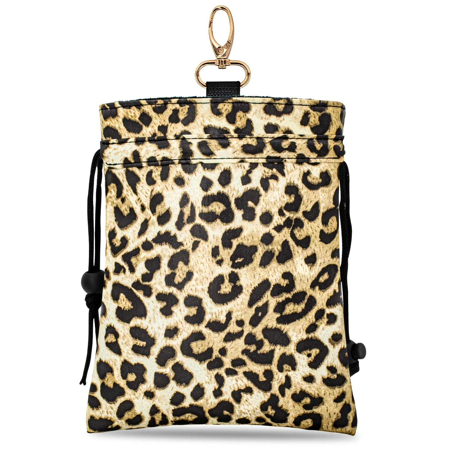1pc Leopard Print Drawstring Storage Pouch with Carabiner Hook, Trendy Wild Style Portable Drawstring Bag