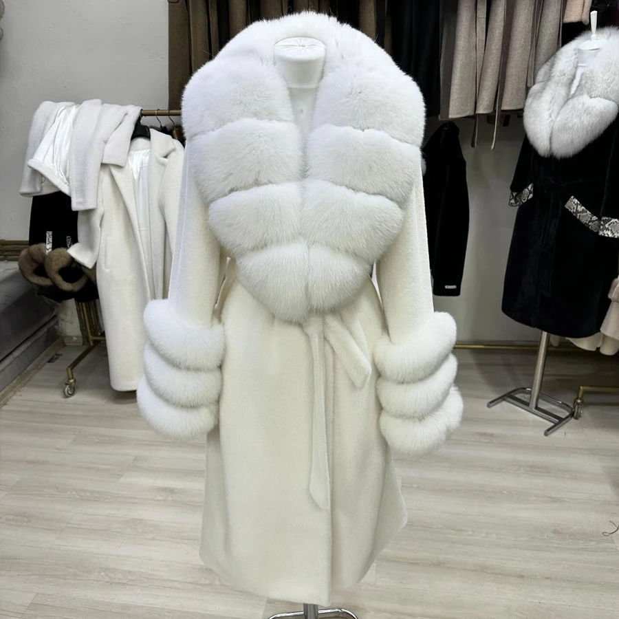 

Wool Cashmere Coat With Fur Women Real Fox Fur Coat Winter Long Wool Blend Cardigan Luxury Fur Coat