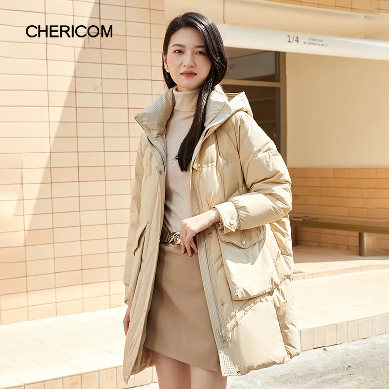 

Chericom Woman‘s Mid-Length Stand Collar Hooded Down Jacket with Windproof Cuffs Zipper Placket and Large Pockets Coat Y289173Y