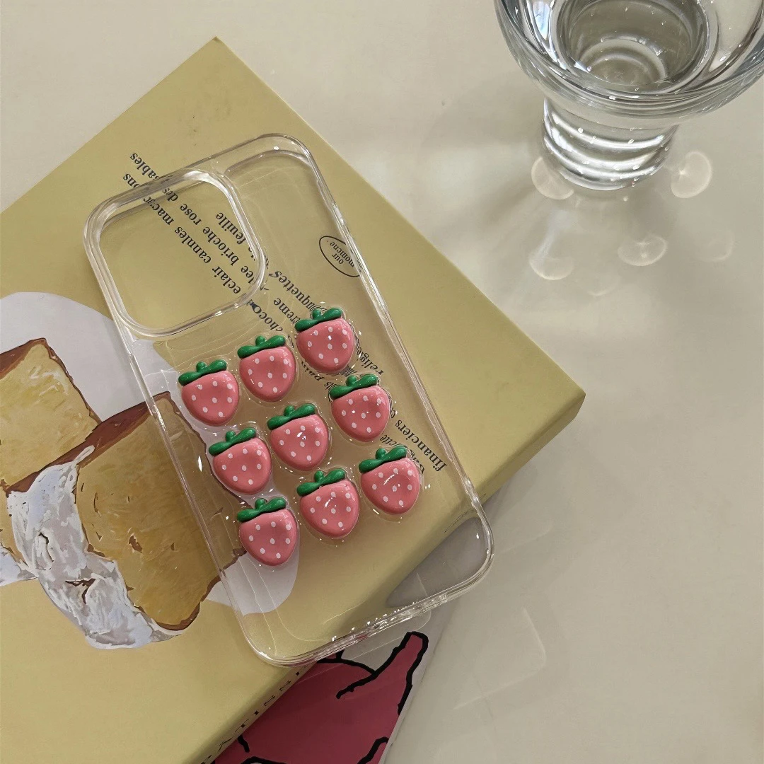 Casing Ponsel Tiga Baris Stroberi untuk iPhone 13 14 15 16 Pro Max Bingkai TPU Lembut Transparan Belakang Epoksi Bening Sampul Lucu