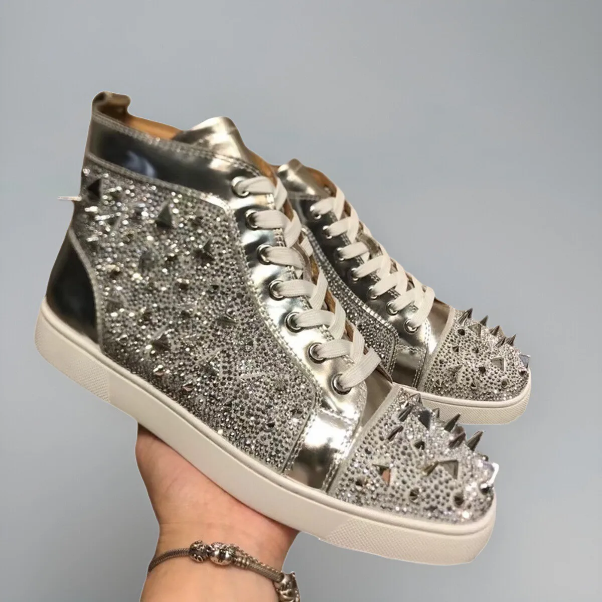 Women Luxury High Top Red Bottom Shoes For Men Trainers Driving Spiked Silver Genuine Leather Messy Rivets Crystal lats Sneaker