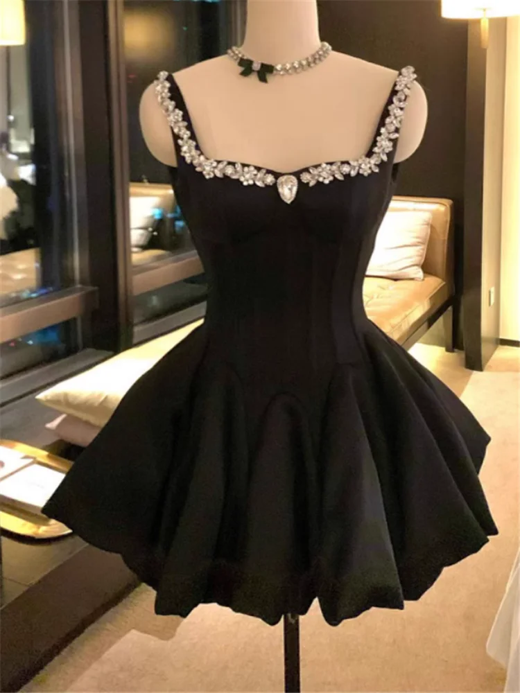 

Черное мини-платье на день рождения с французскими знаменитостями и бриллиантами, праздничное платье трапециевидной формы с подтяжками и квадратным воротником для девочек