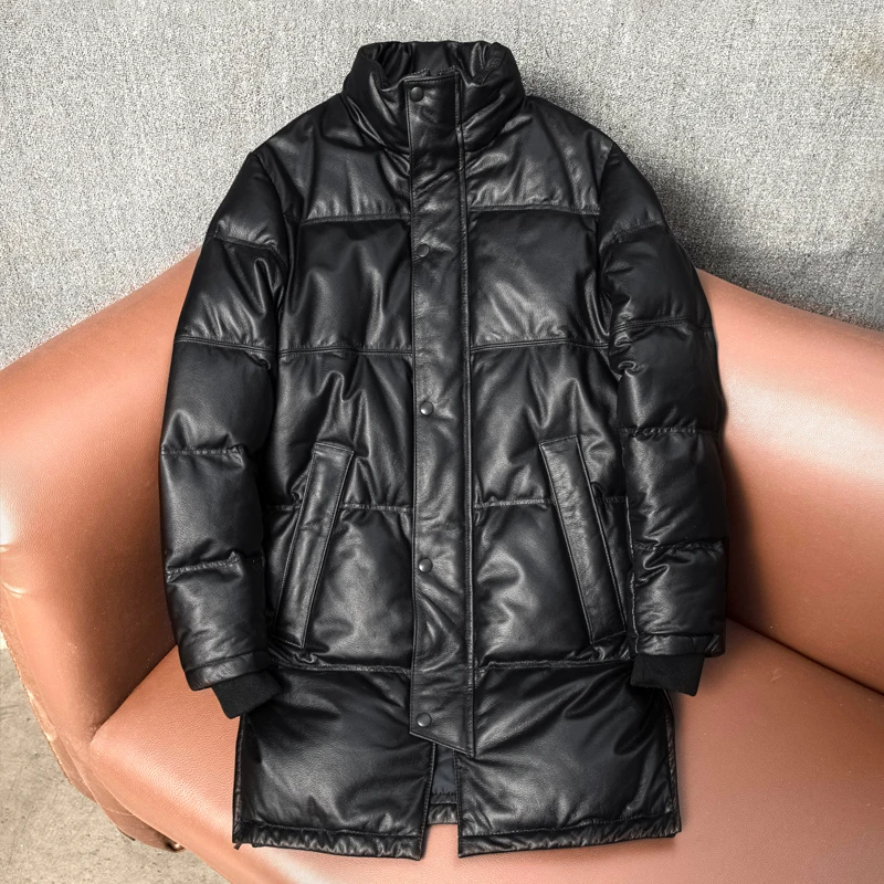 

New Arrival Thiened Genuine Leather down Jaet Cowhide Windproof Warm Casual Large Size Outerwear Stand Collar Long Sle