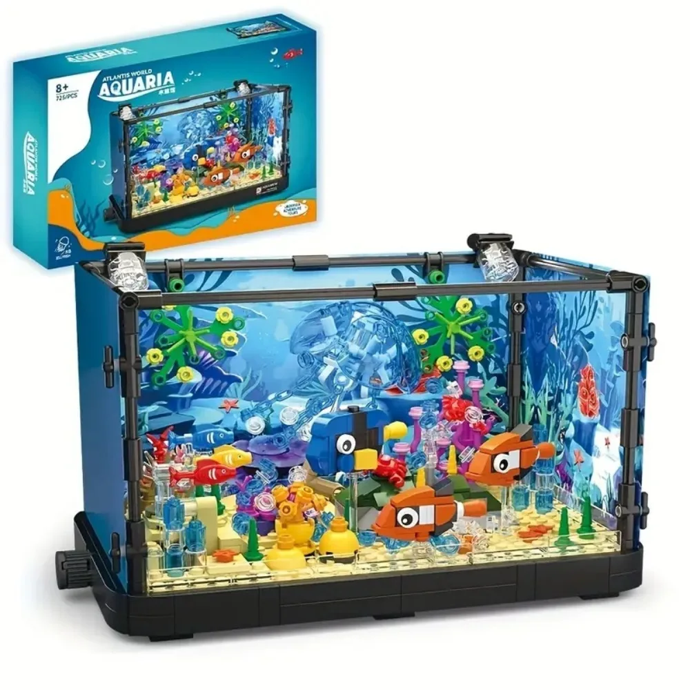 Bau-Aquarium-Set 725 Teile Atlantis Ozeanszene Drehbare Quallen ABS-Bausteine Kreative Tischdekoration Ideales Geschenk für Erwachsene
