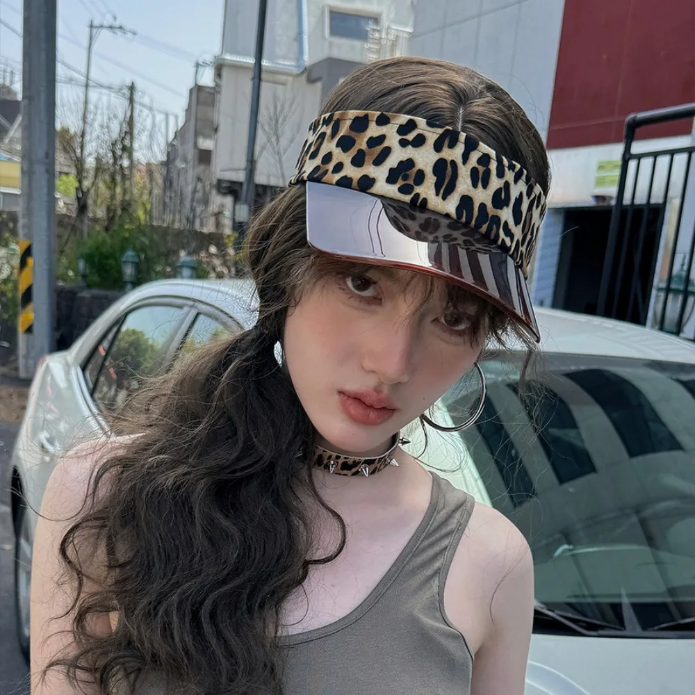 Fashion UV Protection Leopard Print Visor Cap Sunscreen Cool Transparent Hollow Hat Adjustable Solid Color Sun Hat Unisex
