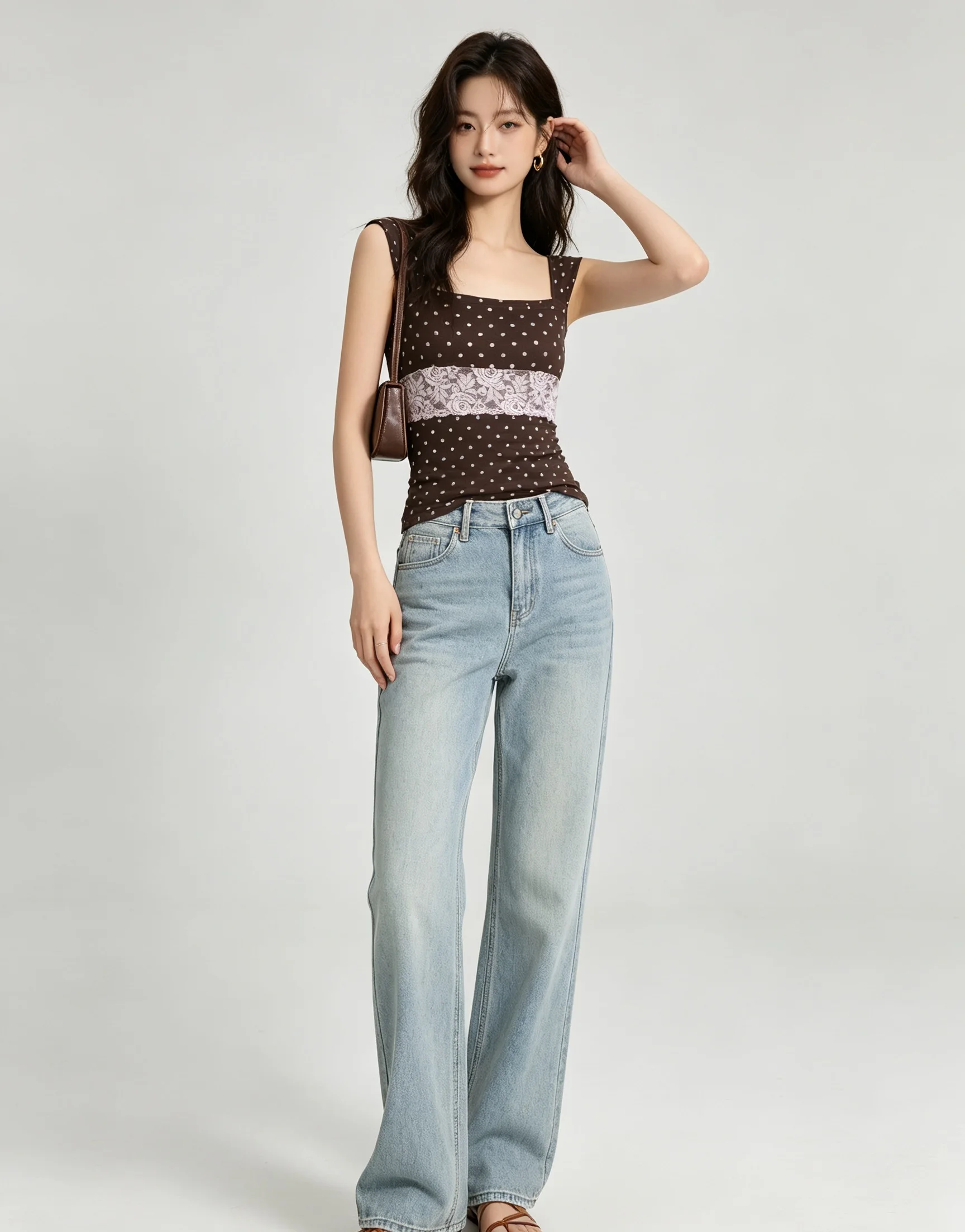 2026 Neu eingetroffen: Damen Vintage Polka Dot Spitzen-Patchwork Camisole Top mit eckigem Ausschnitt, Kaffeebraun, schmal geschnitten, ärmellos, lässiges Tanktop