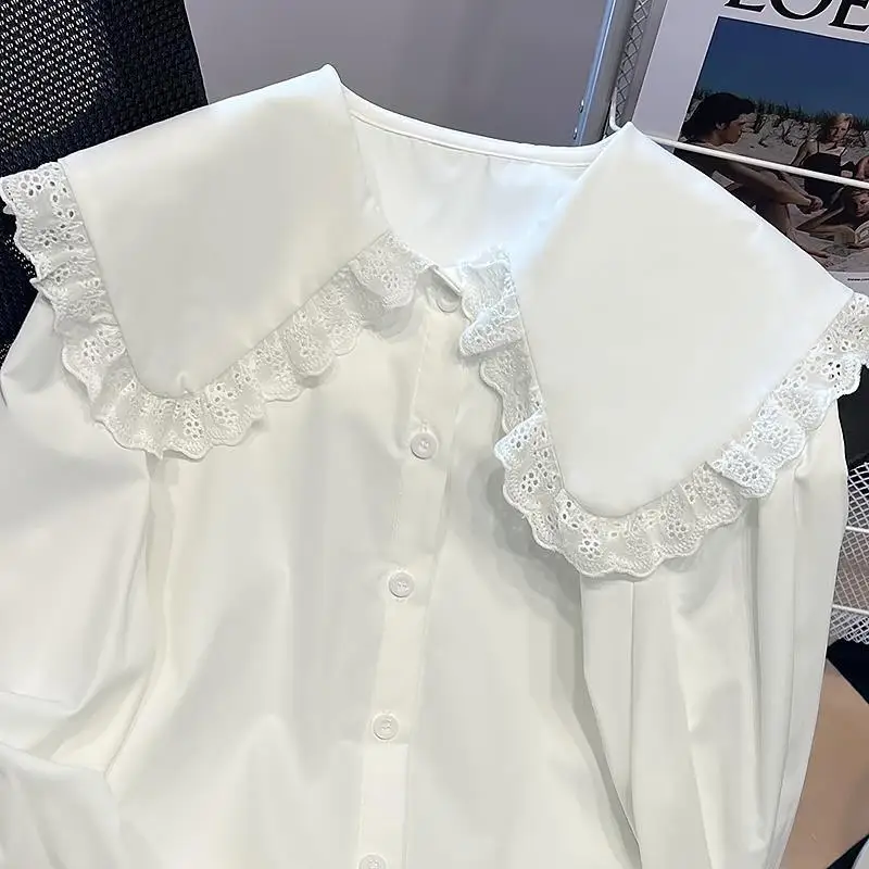 Lace Shirts Women S-3XL Peter Pan Collar Sweet College Japanese Style Ins Simple All-match Casual Spring Ruffles Fashion Ulzzang