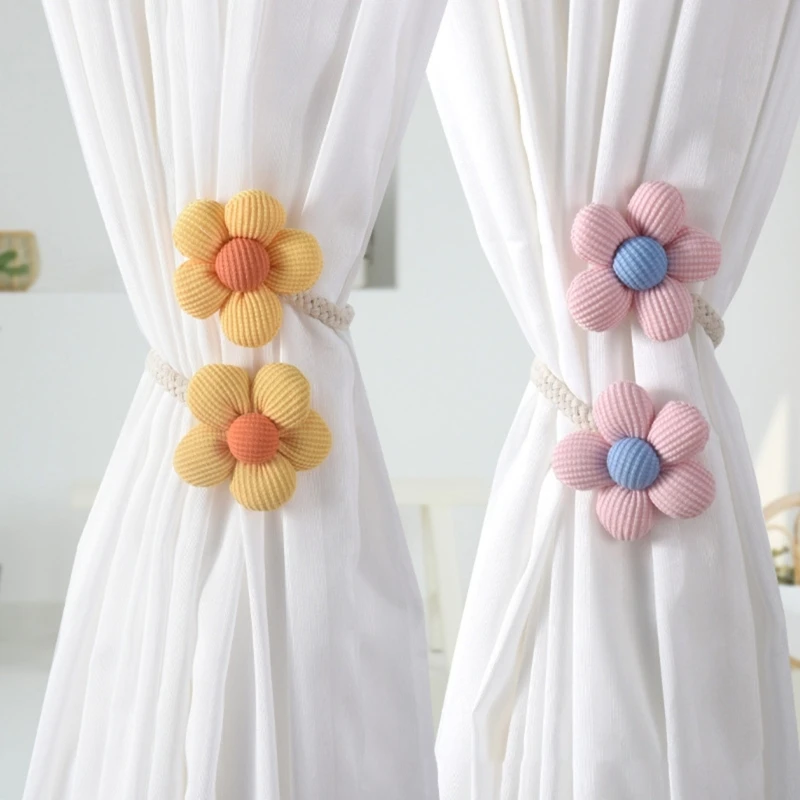 Colorful Flower Curtain Ties Clips Set of 4 Decorative Drapery Holders Holdbacks Metal Rope Tiebacks for Window Decors