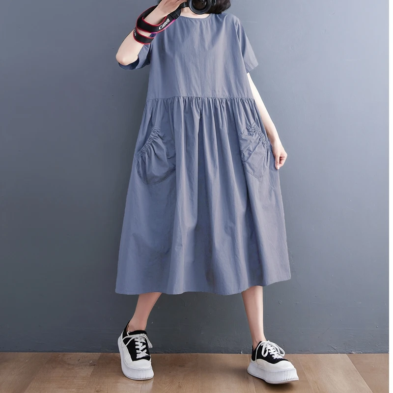 Originale estivo da donna artistico retrò Sle giapponese sciolto casual colore puro Dr Tu Ins abbinato tutto cotone Maxi Dr