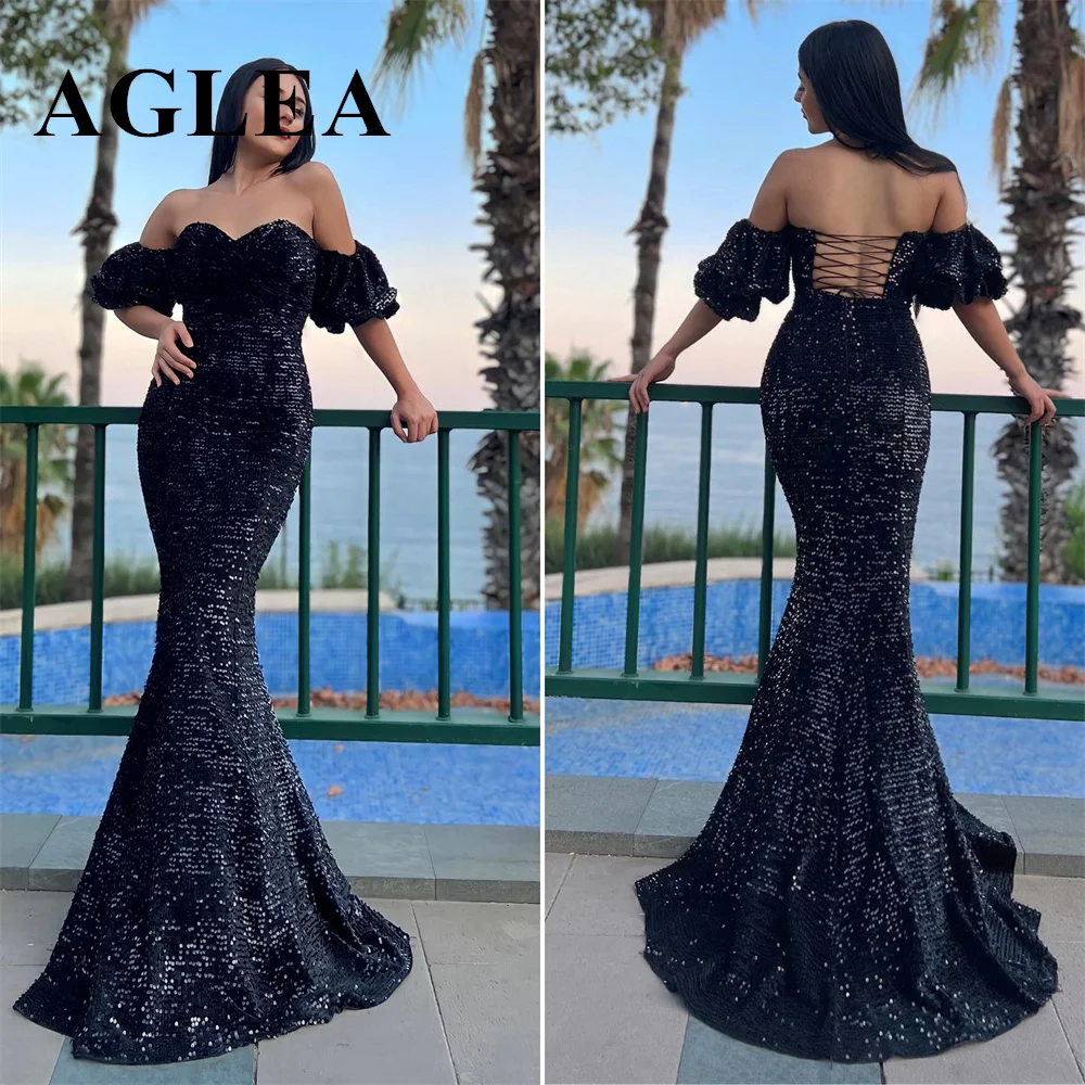 AGLEA 2024 Black Mermaid Sequin Evening Dress Ruffles Off The Shoulders Prom Dress Sparkly Shine Formal Occasion Birthday Party