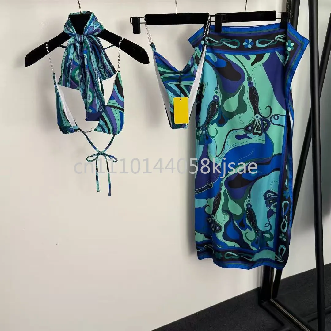 

2026 Fashion Design Lady Green Scarf Bikini Sets Beachwear Luxury Lady Beachwear Headband Swimsuits Swimwear