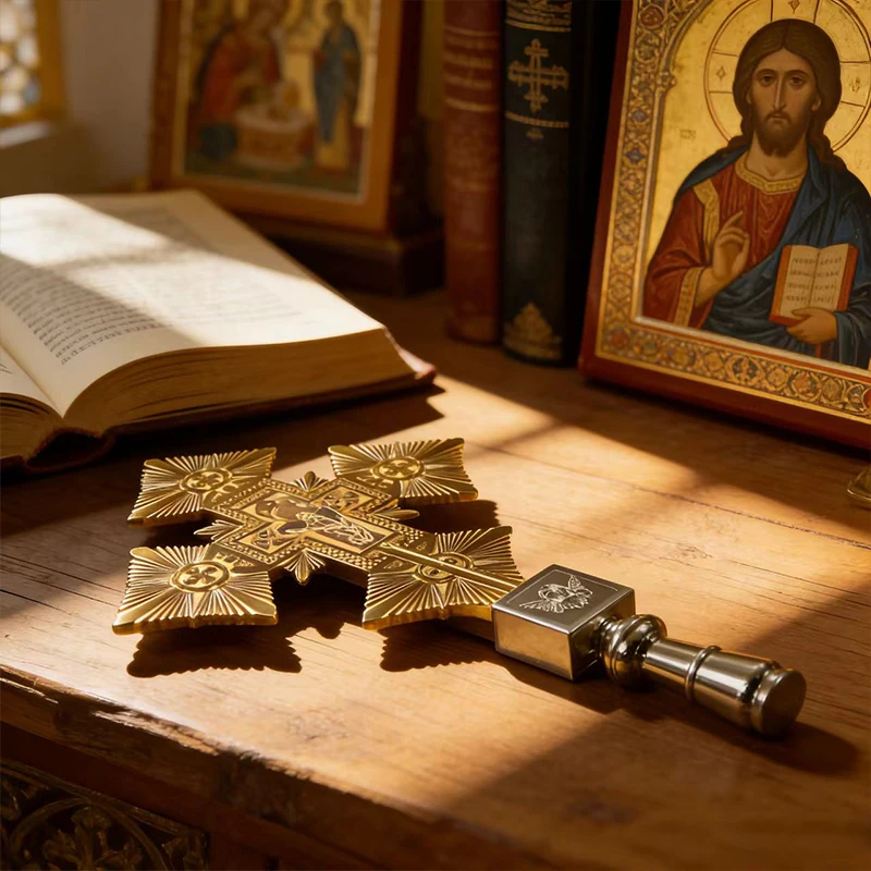 New Vintage Gold Plated Double Sided Orthodox Handheld Blessing Cross with Crucifix for Clergy Church Liturgy Devotion Christian