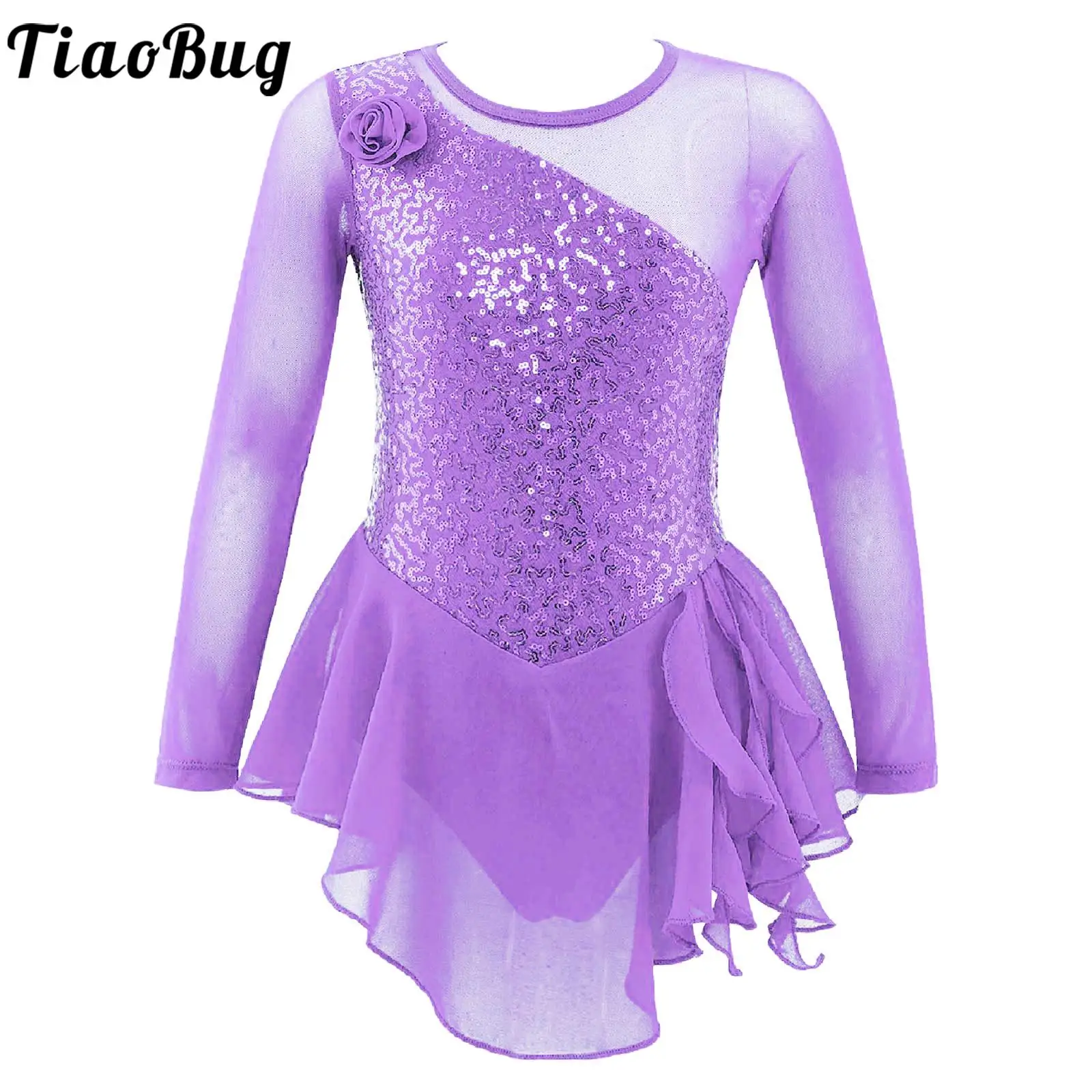 

#4-14 Kids Girls Ballet Dance Tutu Dress Costumes Long Sleeve Sequins Decor Flower Front Hollow Back Dance Dress