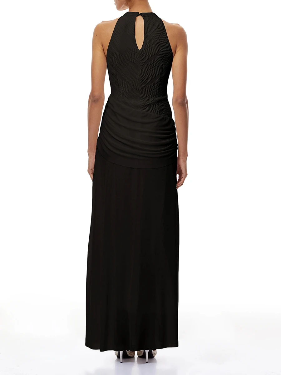 فستان VGH مثير بإبزيم معدني مرقع للنساء بياقة واقفة بدون أكمام وحفلات مسائية فساتين طويلة للسيدات