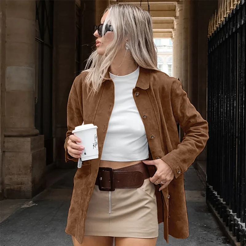 MSCSZ Brown Suede Jacket Women Long Sleeve Button Up Shirt Jacket Vintage Windbreaker Jacket Autumn Winter Coat Woman 2024