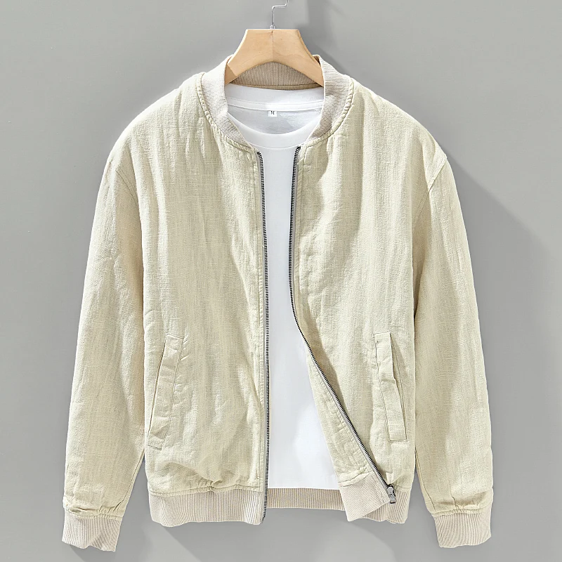 

Spring Autumn Men's Casual Cotton Linen Jaet Thin round Collar Retro Sle Breathable Outerwear Long Sve Zipper Closure