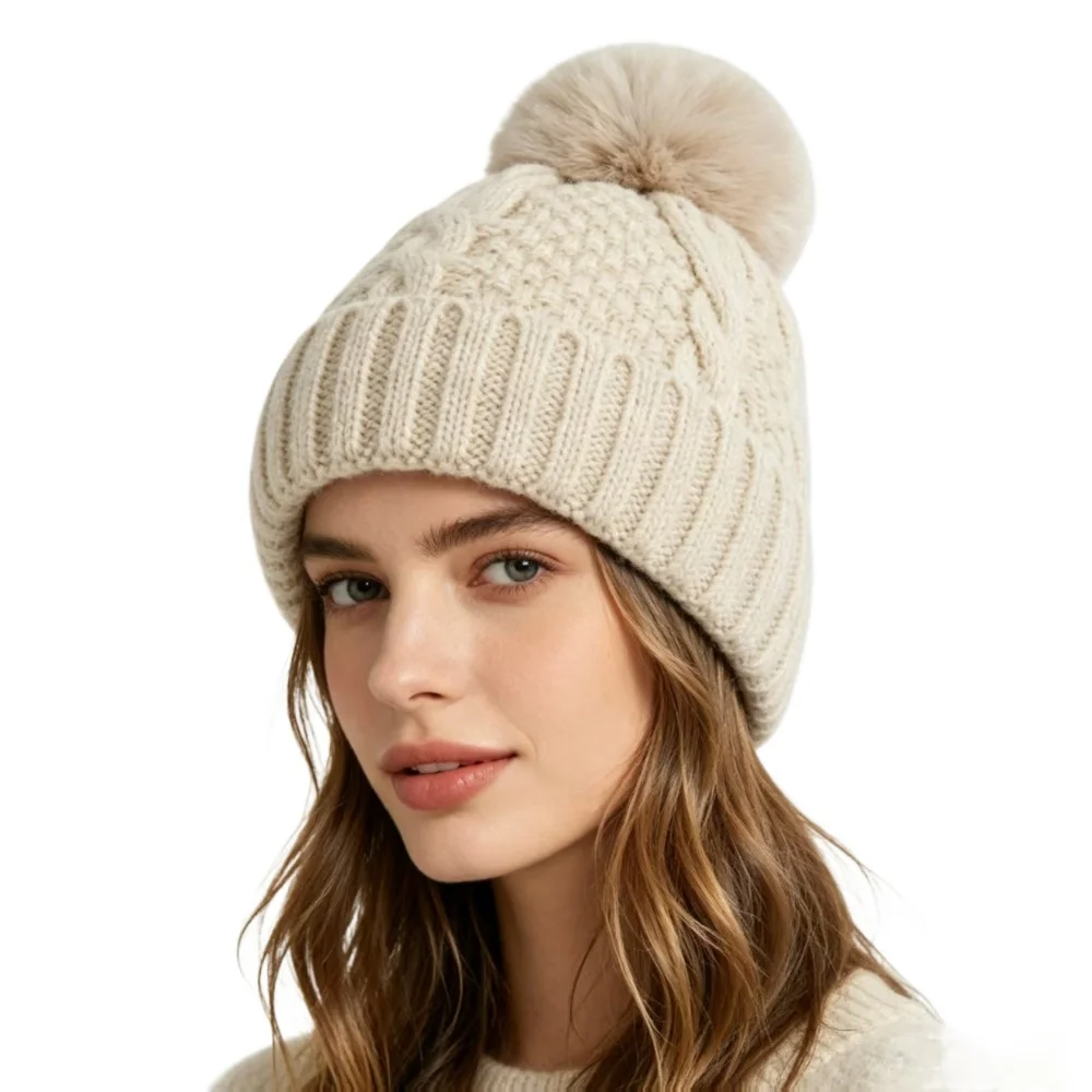 Women's Winter Twist Knitted Plush Beanie Warm Ear Protection Fur Pompom Hat Female Anti-Cold Autumn Snow Pullover Cap Accessory