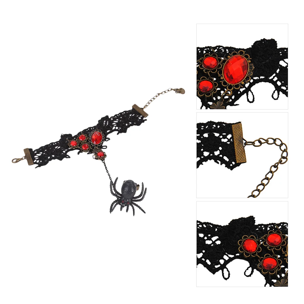 Halloween aranha web pulseira goth punk vintage para mulheres gótico alta imitação de cristal broca poliéster renda senhorita