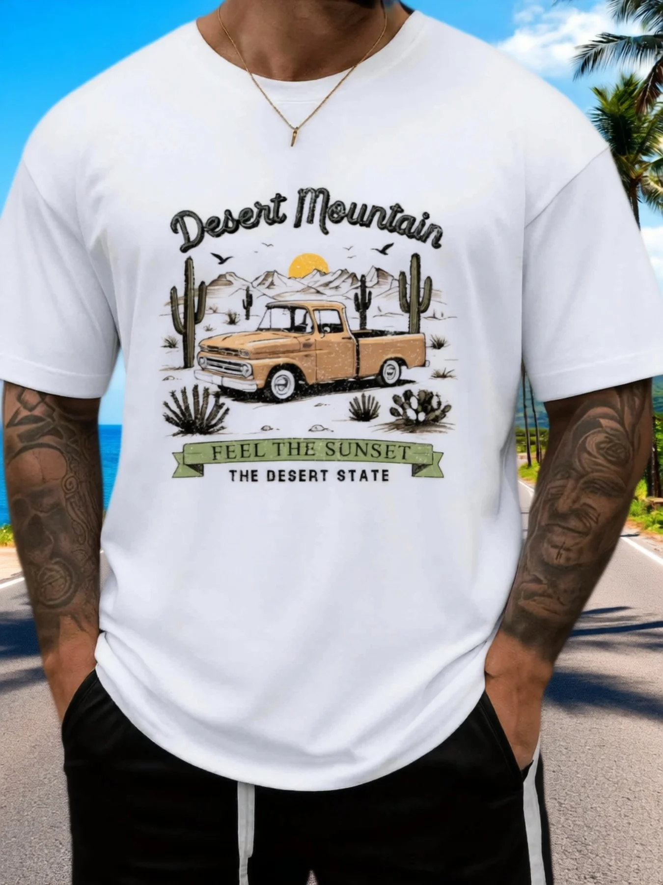 Men's Pure Desert Off-Road T-Shirt - Short-Sleeved Crew Neck Casual Shirt with Truck, Desert Sunset, and Camping Motifs, Suitable for Outdoor and Street Wear - Spring/Summer Apparel (White and Gray Two-Tone)