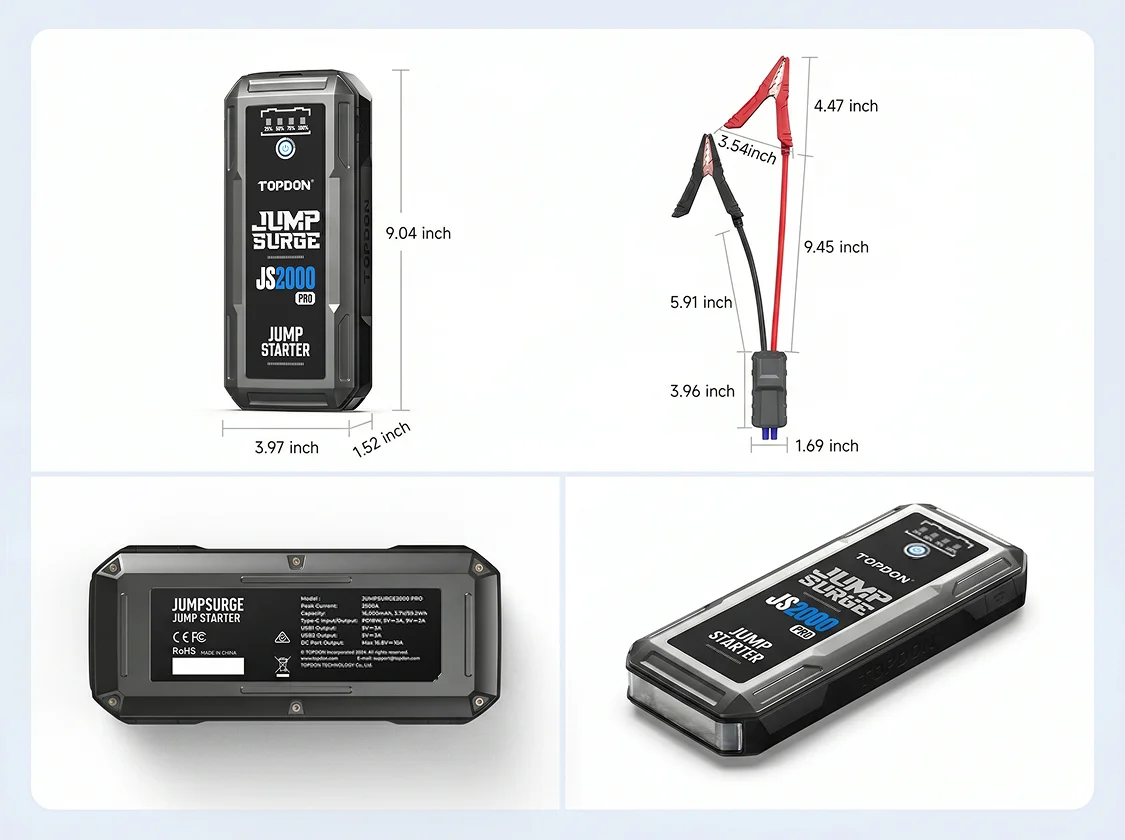 Topdon JS2000PRO 2500A Jump Starter Power Bank 12V Car Starting Device 16000Mah Battery Jump Start for Car Booster