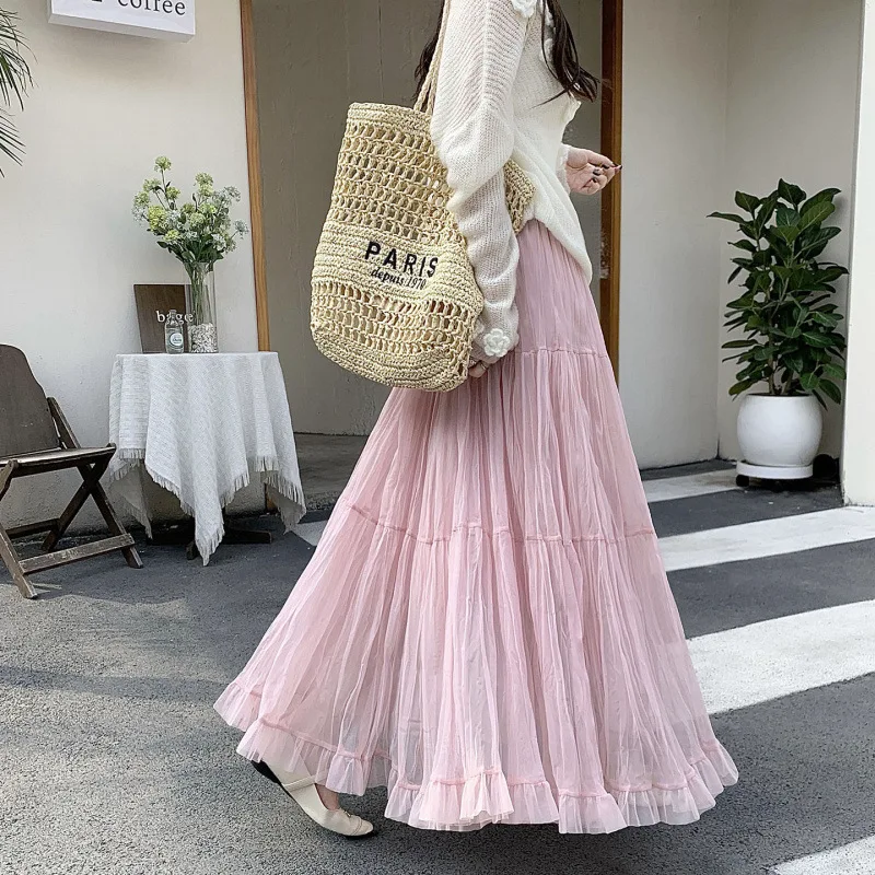 

Весенне-летние женские длинные юбки: модные, с высокой талией, эластичные, из сетки, А-силуэта, из фатина, повседневные, универсальные, белые, розовые, многоярусные макси-юбки