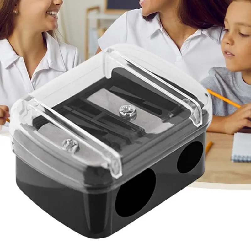 Rautan pensil warna dua lubang, rautan pensil untuk pengasah efisien portabel multifungsi, pengasah pemotong alat tulis