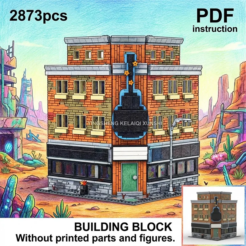 Modelo de Bloco MOC de Pub de Música Rock Falowt com Sinal Gigante de Guitarra, Vista de Rua para 247617 moc