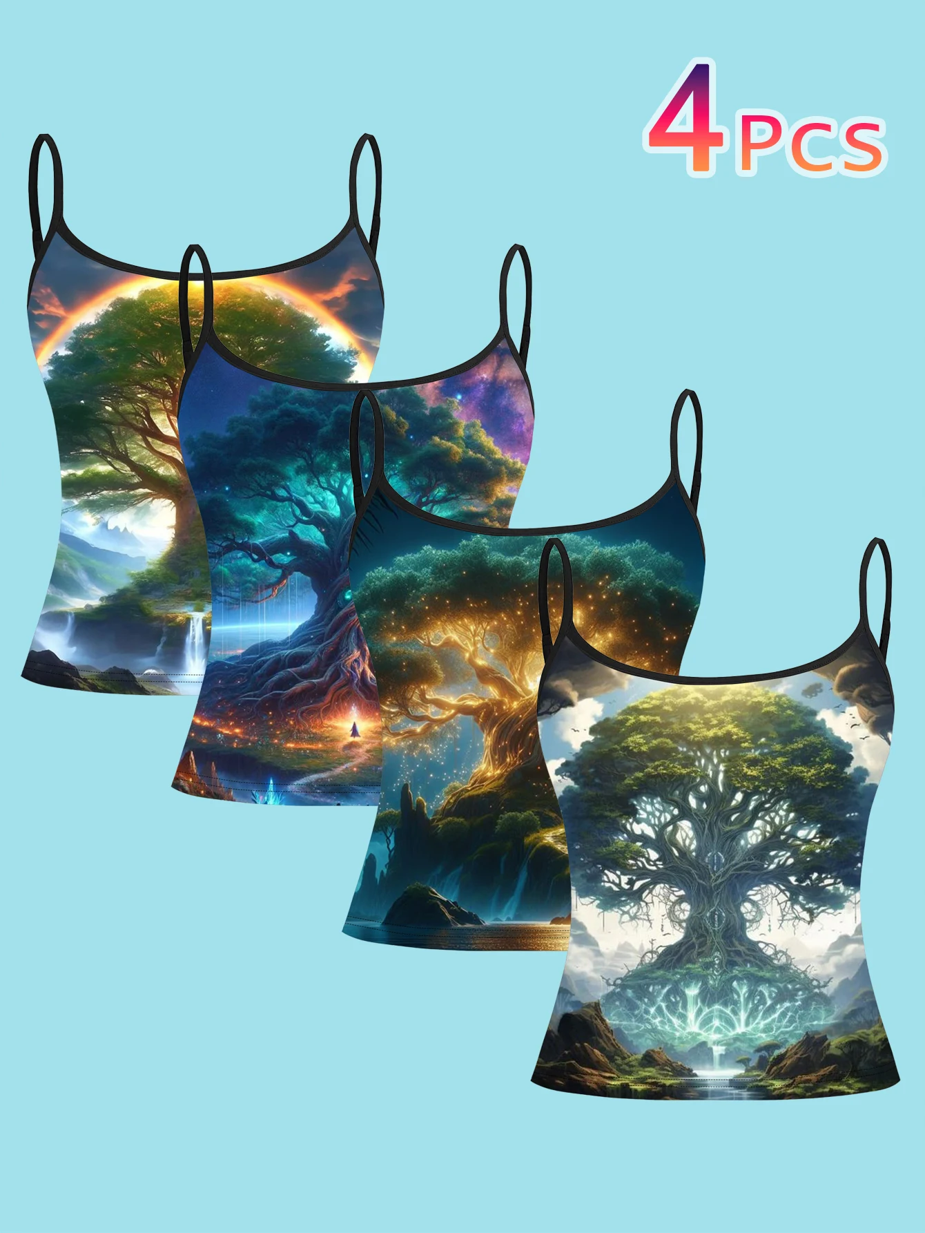 4-Piece Set of Forest-Themed Luminous Giant Tree Suspenders Set, Rainbow Starry Sky Ancient Tree Landscape Women's Slim-Fit Base Tank Top