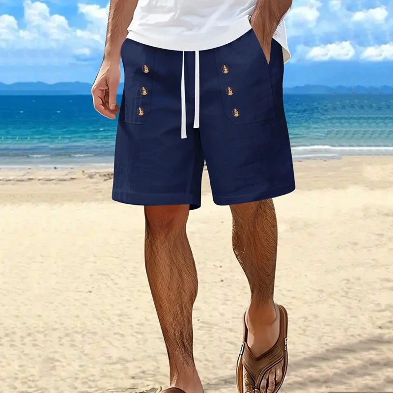 

Men's Cotton Linen Shorts Drawstring Waist Button Decor Casual Breathable Lightweight Summer Beach Straight Leg Pants for Men