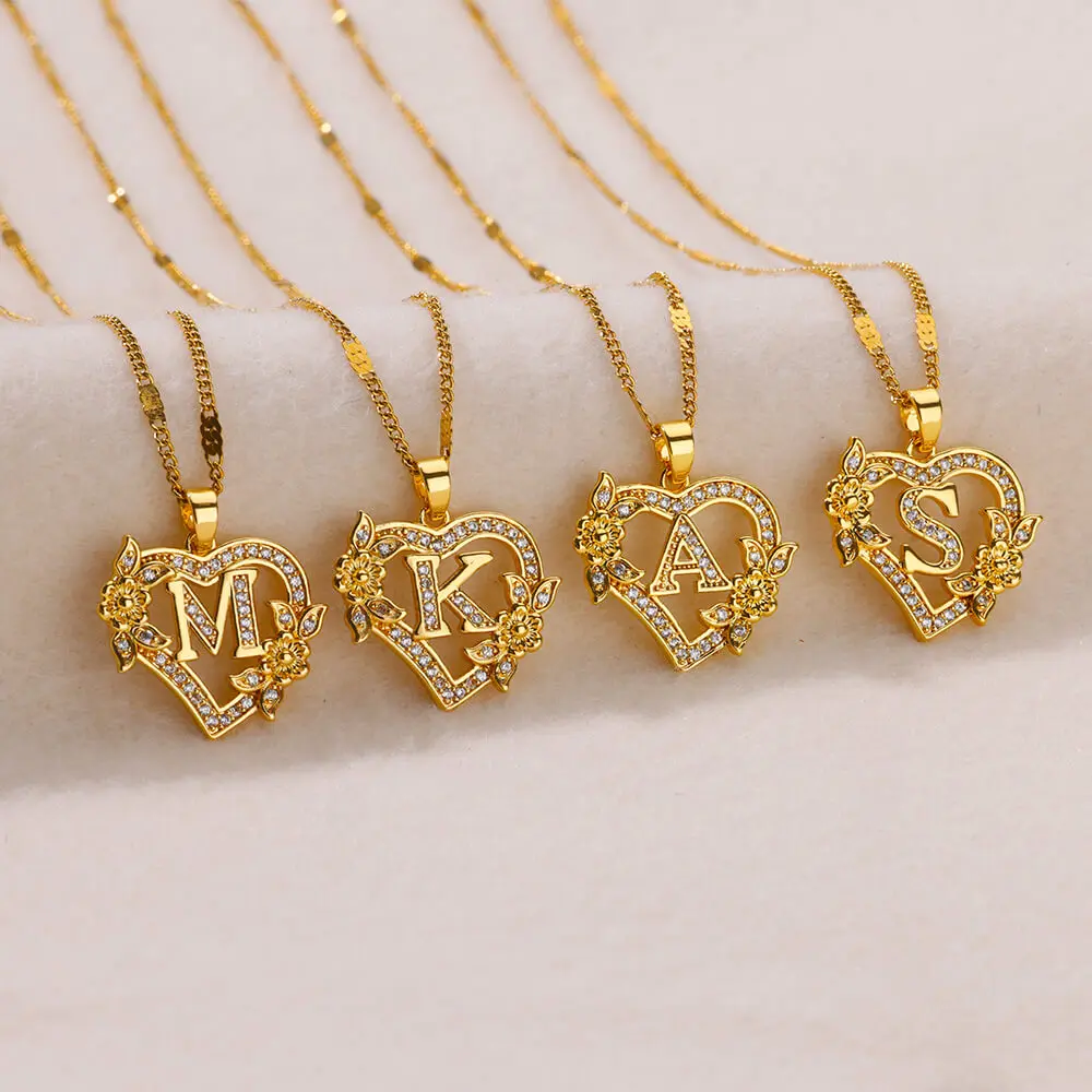 Zircon Flower Initials Necklaces For Women Stainless Steel Heart Gold Color Letter Chain Collar 2024 New Trend Wedding Jewelry