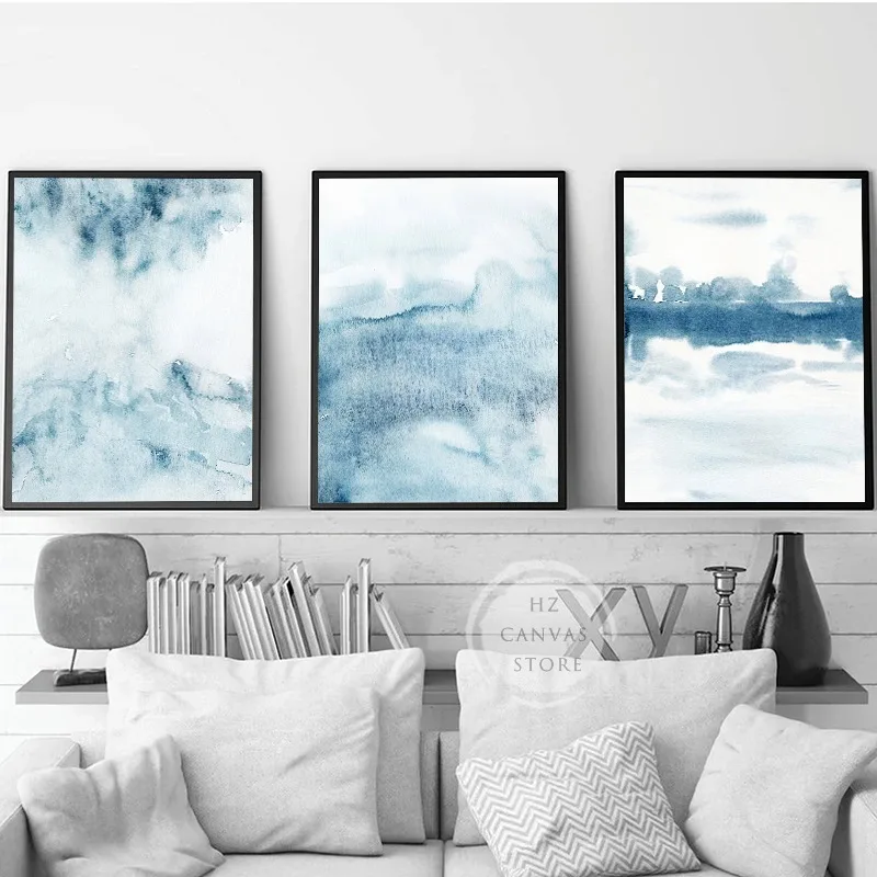 Blue Watercolor Abstract Water Simple Posters and Prints Canvas Paintings Modern Wall Art Picture for Living Room Home Decor